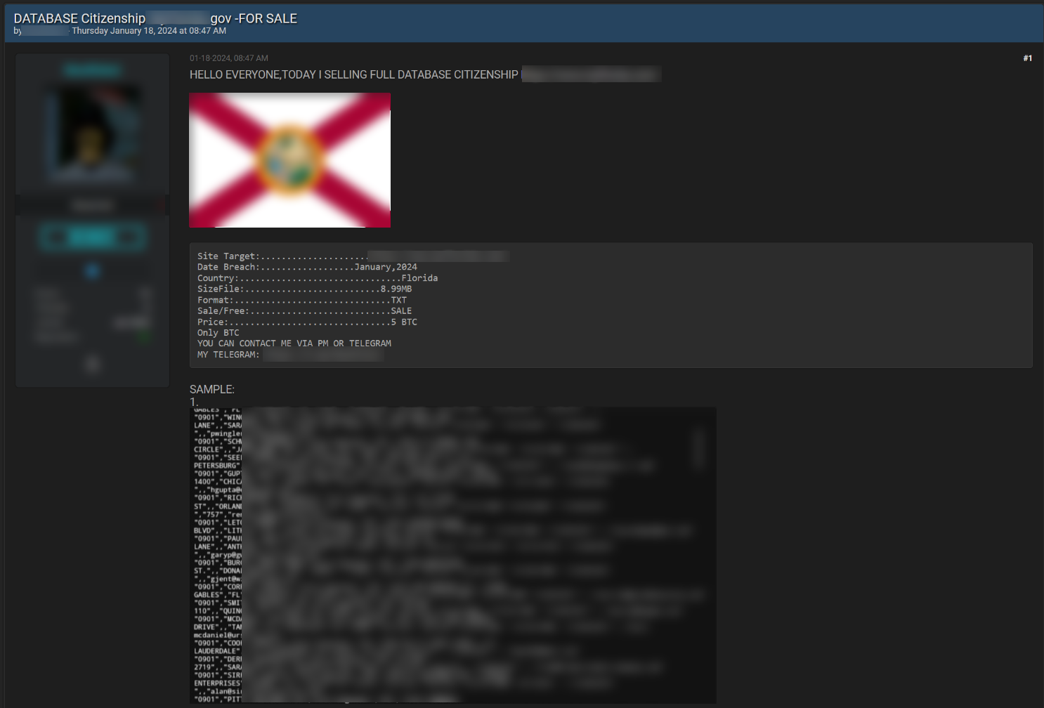 Figure 24. Advertisement on a shadow forum selling data from a Florida government website