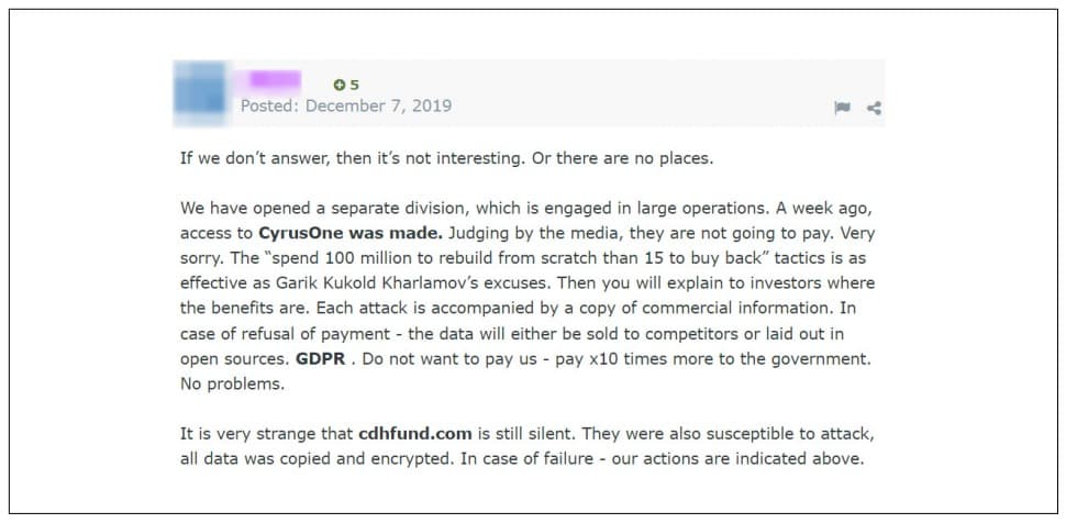 Figure 34. Announcement on the darkweb about attack on CyrusOne